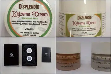 AMARAN: Krim terjejas termasuk (dari atas) D'Splendid Kidzema Cream, (bawah) Clair De Lune P. Tuberose Day Cream and Clair De Lune S. Involcurata Night Cream, serta krim lampin tanpa label, yang didapati mengandungi bahan ubat yang kuat. - Foto HSA