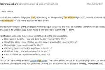 KEKELIRUAN: E-mel yang dihantar oleh Persatuan Bola Sepak Singapura (FAS) kepada media pada 16 Oktober bagi pencalonan anugerah Cerita Terbaik yang bakal disampaikan dalam Malam Anugerah FAS 2023.