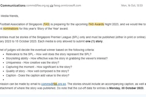 KEKELIRUAN: E-mel yang dihantar oleh Persatuan Bola Sepak Singapura (FAS) kepada media pada 16 Oktober bagi pencalonan anugerah Cerita Terbaik yang bakal disampaikan dalam Malam Anugerah FAS 2023.