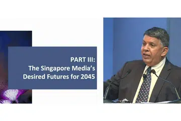 MASA DEPAN MEDIA: Zamil SR Nathan ke-11 IPS, Encik Patrick Daniel, mengongsi pandangan tentang keadaan masa depan media bertajuk "Membayangkan Masa Depan Yang Diharapkan untuk Singapura dan untuk Media Tempatan" (Envisioning Desired Futures for Singapore and for the Local Media), semalam. - Foto IPS
