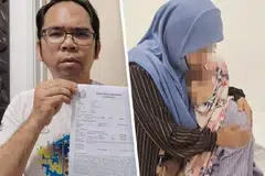Encik Mohd Firdaus Moktar, 45 tahun (kiri), iaitu abang kepada wanita berusia 39 tahun yang mengalami keguguran akibat menjadi mangsa pukul suaminya menunjukkan laporan polis berkaitan adik perempuannya (kanan).