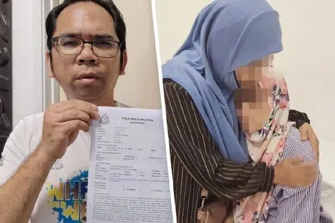 Encik Mohd Firdaus Moktar, 45 tahun (kiri), iaitu abang kepada wanita berusia 39 tahun yang mengalami keguguran akibat menjadi mangsa dera fizikal suaminya menunjukkan laporan polis berkaitan adik perempuan beliau (kanan).