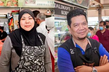 BUKA GERAI SENDIRI: Nasi Ayam Penyet masakan Cik Noor Zilah (kiri) pemilik gerai Farasha, mewarisi resipi khas dari Medan. (Kanan) Encik Shasrudin pemilik gerai Daliman's Korner mahu berehat dan bercuti secukupnya setelah 38 tahun berniaga. - Foto-foto BH oleh NUR DIYANA TAHA
