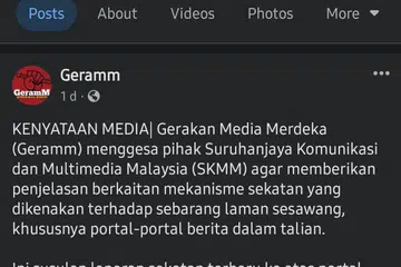 KENYATAAN MEDIA: Gerakan Media Merdeka (Geramm) dalam kenyataan dwibahasa Melayu dan Inggeris di Facebook menggesa pihak Suruhanjaya Komunikasi dan Multimedia Malaysia (MCMC) agar memberikan penjelasan yang dikenakan terhadap sebarang laman sesawang, khususnya portal-portal berita dalam talian.