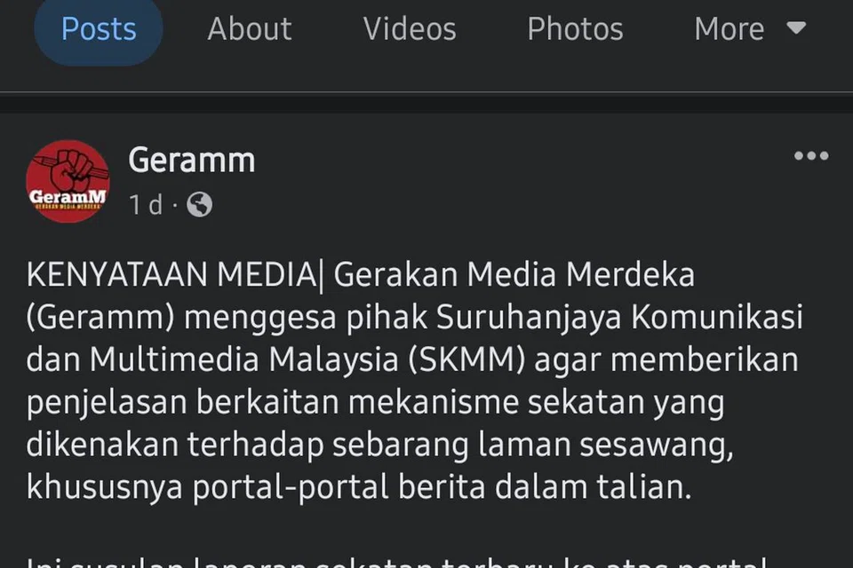 KENYATAAN MEDIA: Gerakan Media Merdeka (Geramm) dalam kenyataan dwibahasa Melayu dan Inggeris di Facebook menggesa pihak Suruhanjaya Komunikasi dan Multimedia Malaysia (MCMC) agar memberikan penjelasan yang dikenakan terhadap sebarang laman sesawang, khususnya portal-portal berita dalam talian.
