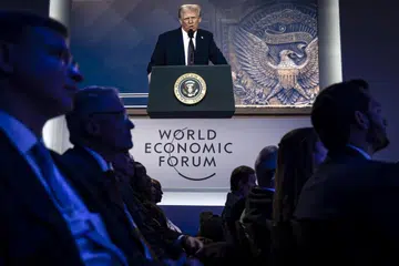 Presiden Amerika Syarikat, Encik Donald Trump, ketika menyampaikan ucapan secara maya kepada sesi pleno di Dewan Kongres sempena Mesyuarat Tahunan ke-55 Forum Ekonomi Sedunia (WEF) pada 23 Januari.