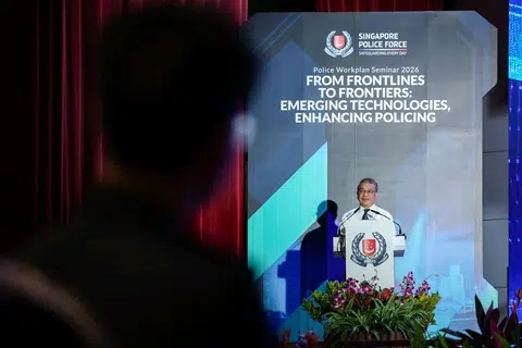 Menteri Undang-Undang merangkap Menteri Kedua (Ehwal Dalam Negeri), Encik Edwin Tong, semasa Seminar Pelan Kerja SPF di Akademi Home Team (HTA) pada 22 Mei.