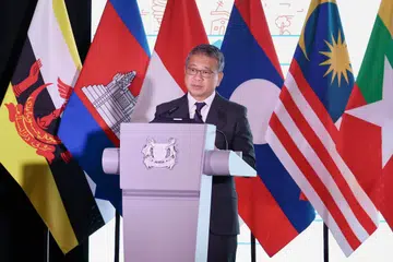 Menteri Undang-Undang merangkap Menteri Kedua Ehwal Dalam Negeri, Encik Edwin Tong, berucap semasa Dialog Dasar Strategik Asean mengenai Pengurusan Bencana (SPDDM) 2026, yang diadakan di hotel Parkroyal Collection Marina Bay, pada 19 Ogos.