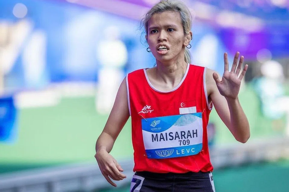 ATASI CABARAN: Pelari Singapura, Maisarah Mohamed Hassan, pesakit palsi serebrum dengan bahagian kanan badan yang lemah tetap berjaya mengatasi cabaran dan mencapai rekod nasional bagi perlumbaan 100 meter T36 wanita.