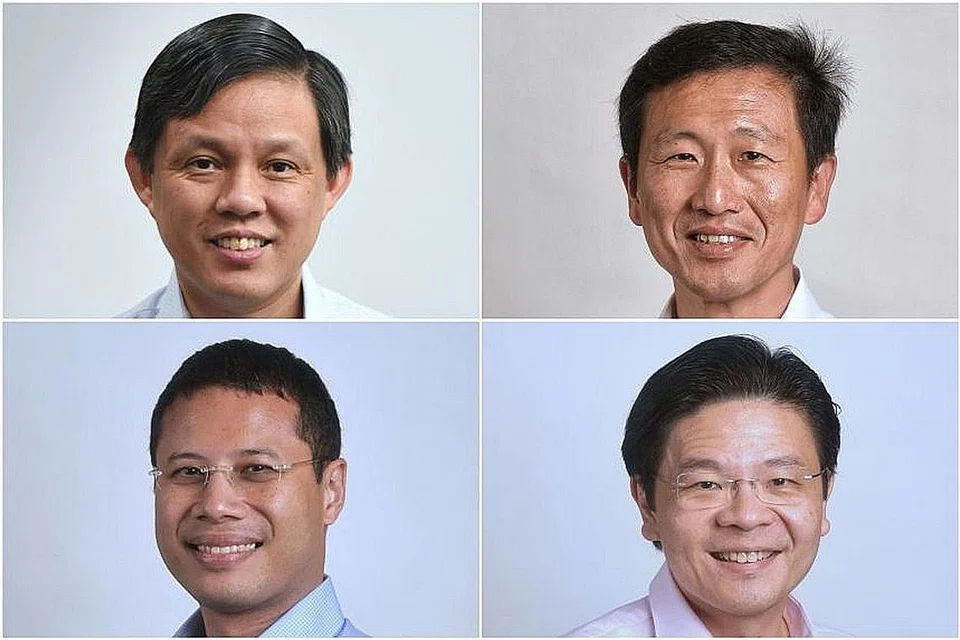 MENTERI 4G: (dari atas kiri ikut putaran jam) Encik Chan Chun Sing, Encik Ong Ye Kung, Encik Lawrence Wong and Encik Desmond Lee. - Foto fail.