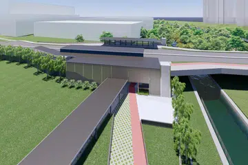 Lakaran artis laluan penghubung berbumbung dari jambatan kenderaan ke stesen MRT DE1.