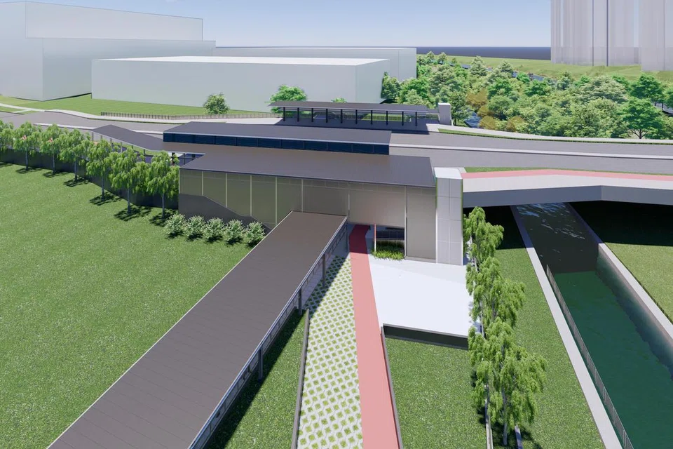 Lakaran artis laluan penghubung berbumbung dari jambatan kenderaan ke stesen MRT DE1.