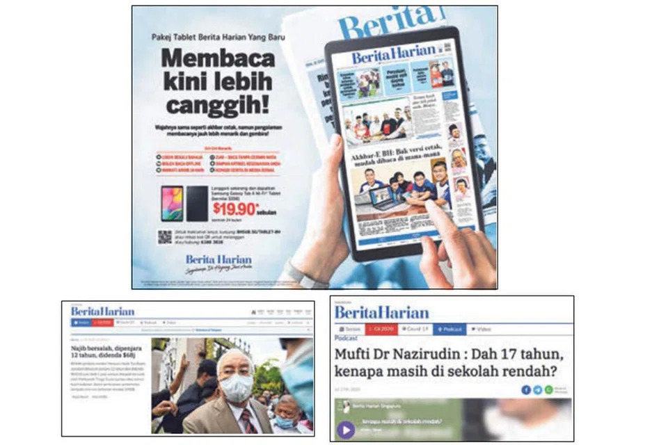 KEMAS DAN PELBAGAI: Berdasarkan data dan juga tinjauan yang dilakukan pasukan pereka bagi laman baru BH.sg itu membahagikan laman tersebut kepada tiga seksyen utama - Terkini, podcast dan video - mencerminkan tiga kandungan utama yang dicari pembaca BH.