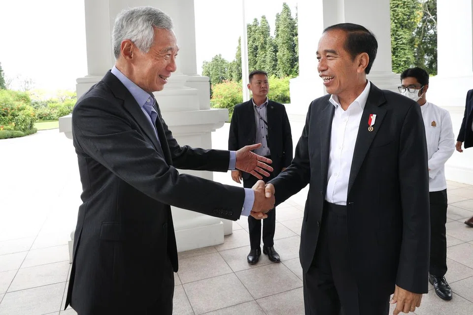 TEMUI JOKOWI: Encik Lee Hsien Loong (kiri) menemui Encik Joko Widodo (kanan), yang berada di Singapura bagi Sidang Ecosperity anjuran Temasek.