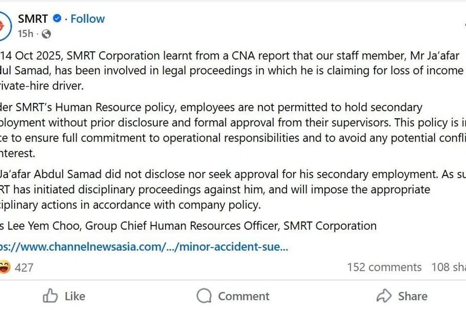 Dalam satu hantaran di Facebook pada 15 Oktober, SMRT berkata pihaknya dimaklumkan mengenai aktiviti kerja sambilan Encik Ja’afar Abdul Samad, melalui laporan Channel News Asia (CNA) pada 14 Oktober.