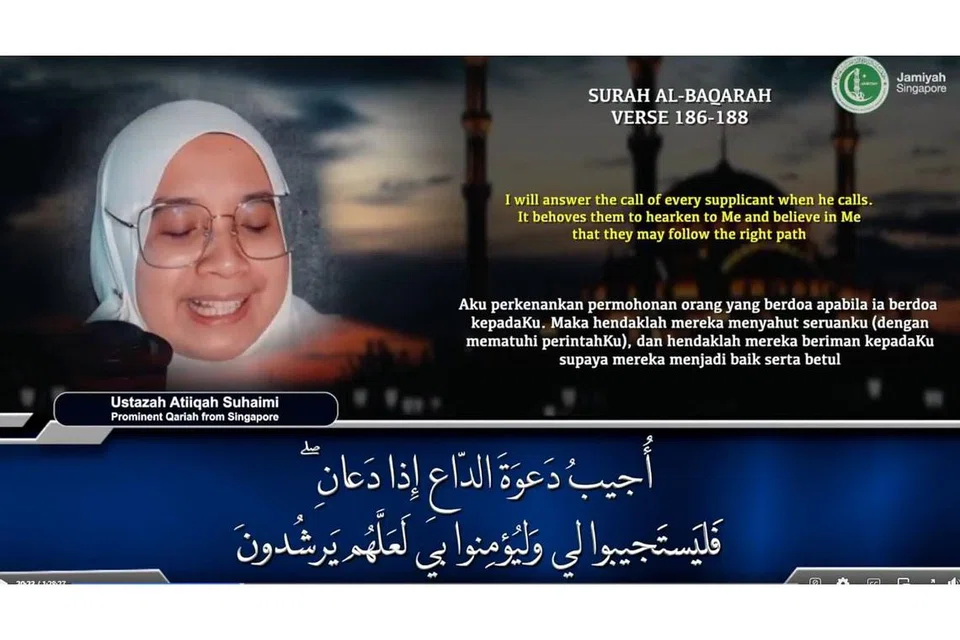 SEMARAK MALAM LAILATUL QADAR: Walaupun Covid-19 menghalang daripada mengadakan acara secara fizikal, Jamiyah tetap menghidupkan Malam Lailatul Qadar dengan mengadakan acara Nuzul Al-Quran secara maya dan menjemput qari dan qariah dari dalam dan luar negara. - Foto JAMIYAH SINGAPURA 