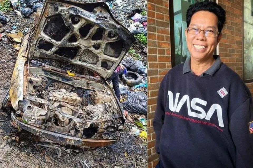 Gambar kiri menunjukkan kereta Encik Sabari Baharom, 62 tahun (gambar kanan), yang dilaporkan hilang sejak 3 September lalu ditemui terbakar oleh penduduk kampung di Belantik, Sik, Kedah. Usaha mencari Encik Sabari yang dicampak ke Sungai Padang Terap, di Jitra, Kedah, giat dijalankan pasukan keselamatan sehingga kini.