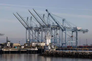 Deretan kren di Pelabuhan Los Angeles, Long Beach, California, pada 3 Februari sedang China mengenakan tarif ke atas import dari Amerika Syarikat pada 4 Februari sebagai tindak balas pantas terhadap cukai baharu yang dikenakan Amerika ke atas barangan China. 