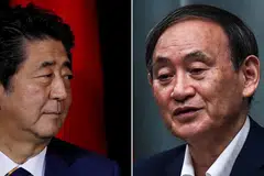 "...Saya akan mengambil inisiatif daripada (mantan) Perdana Menteri Abe (kiri) dan melakukan sedaya upaya untuk meneruskannya (dasar Abe) pada masa depan." - Encik Yoshihide Suga, Perdana Menteri Jepun yang baru (kanan). - Foto-foto REUTERS dan AFP