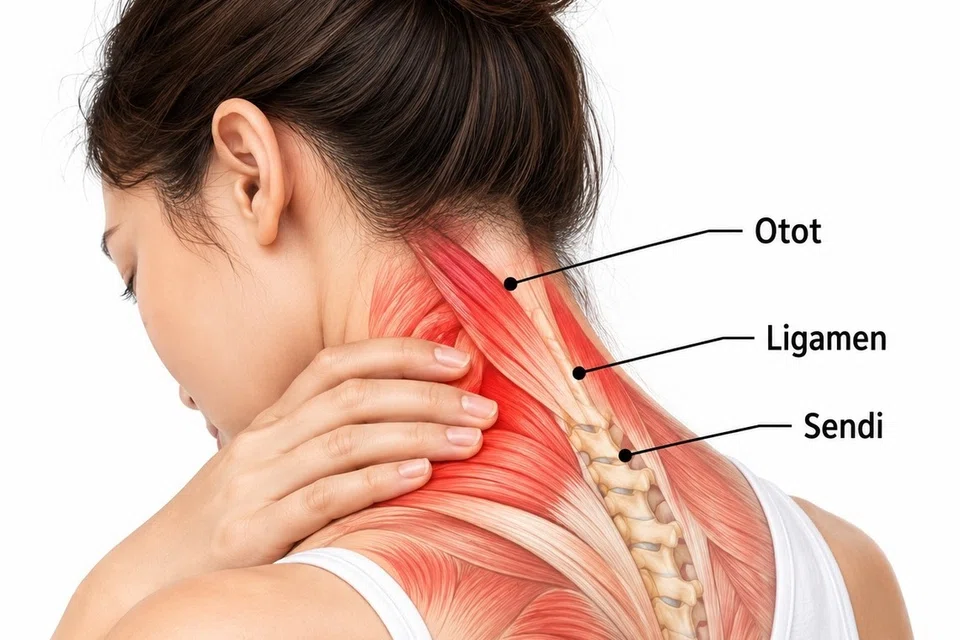 Gambar ilustrasi menunjukkan struktur leher yang terdiri daripada otot, ligamen dan sendi, yang menjadi antara punca utama sakit leher. Kebanyakan kes sakit leher berpunca daripada masalah mekanikal pada struktur tersebut, bukannya masalah saraf atau saraf tunjang.