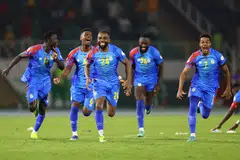 Pemain DR Congo meraikan kemenangan mereka ke atas Mesir menerusi penentuan penalti pada pusingan 16 terakhir Afcon di San Pedro, Ivory Coast. 