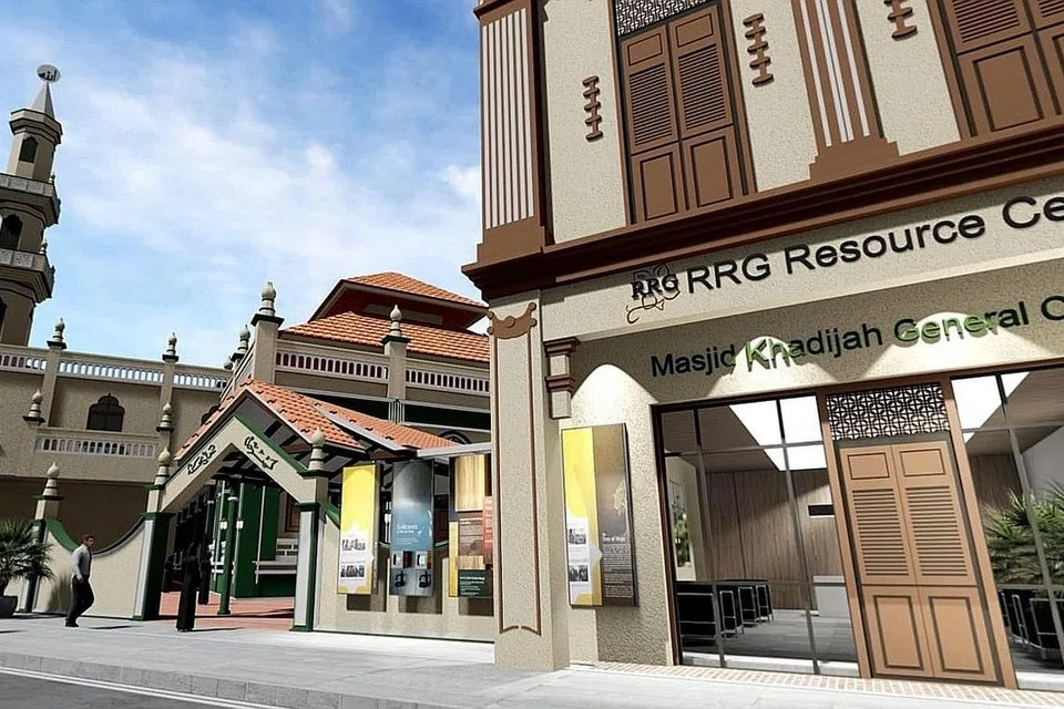 BAKAL DIPERTINGKAT: Lakaran artis Masjid Khadijah serta Pusat Sumber dan Kaunseling (RCC) Kumpulan Pemulihan Keagamaan (RRG) yang dipertingkat (atas), dan galeri luar RCC. - Foto RRG/MASJID KHADIJAH