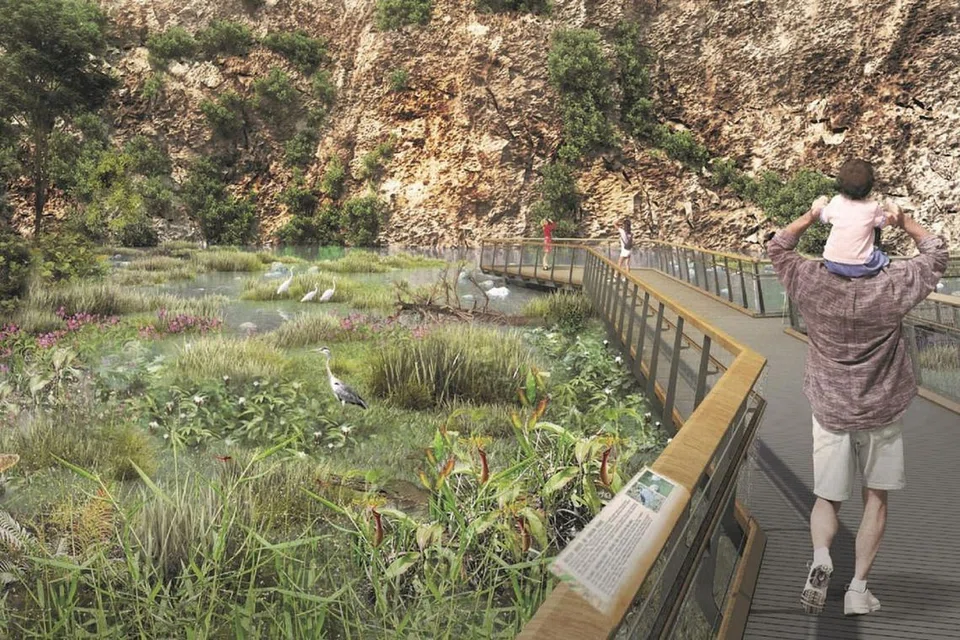 KEPELBAGAIAN HAYAT: Lakaran artis menunjukkan kawasan di sekitar bekas Kuari Sin Seng yang bakal dibaik pulih menjadi habitat kolam air tawar. Pengunjung kelak boleh mengetahui lebih lanjut tentang kepelbagaian hayat di Singapura. - Foto NPARKS