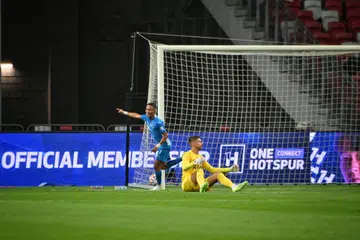 DETIK ISTIMEWA: Penyerang Lion City Sailors, Shawal Anuar meraikan gol pertama perlawanan semasa menentang Tottenham Hotspur di Stadium Negara pada Rabu. 