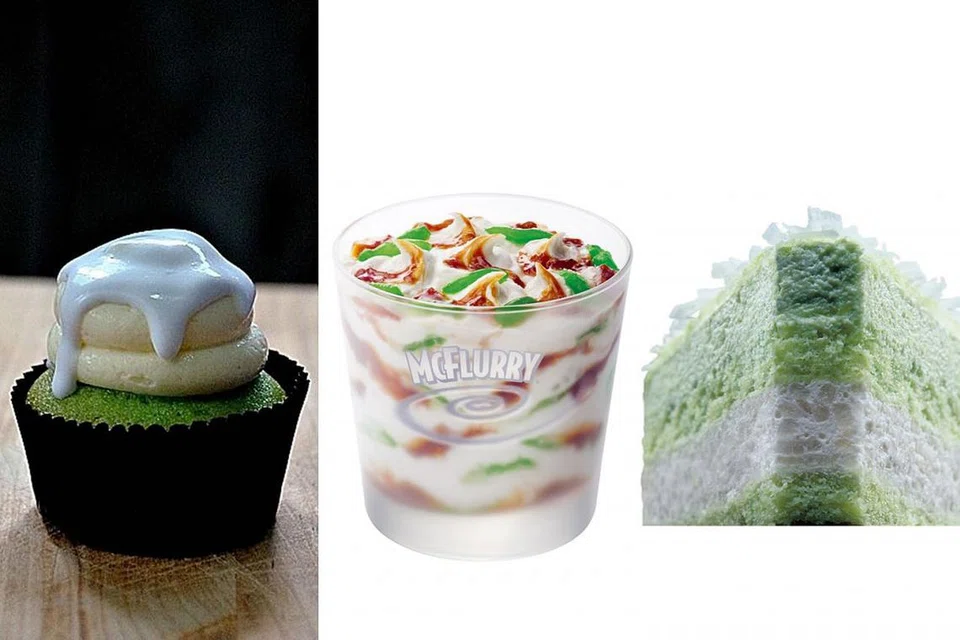 ANTARA MAKANAN TRADISIONAL MELAYU YANG DIUBAH SUAI: (Dari kiri) Kek cawan ondeh-ondeh, Chendol McFlurry oleh McDonald's, Kek Kueh Salat oleh McDonald's.