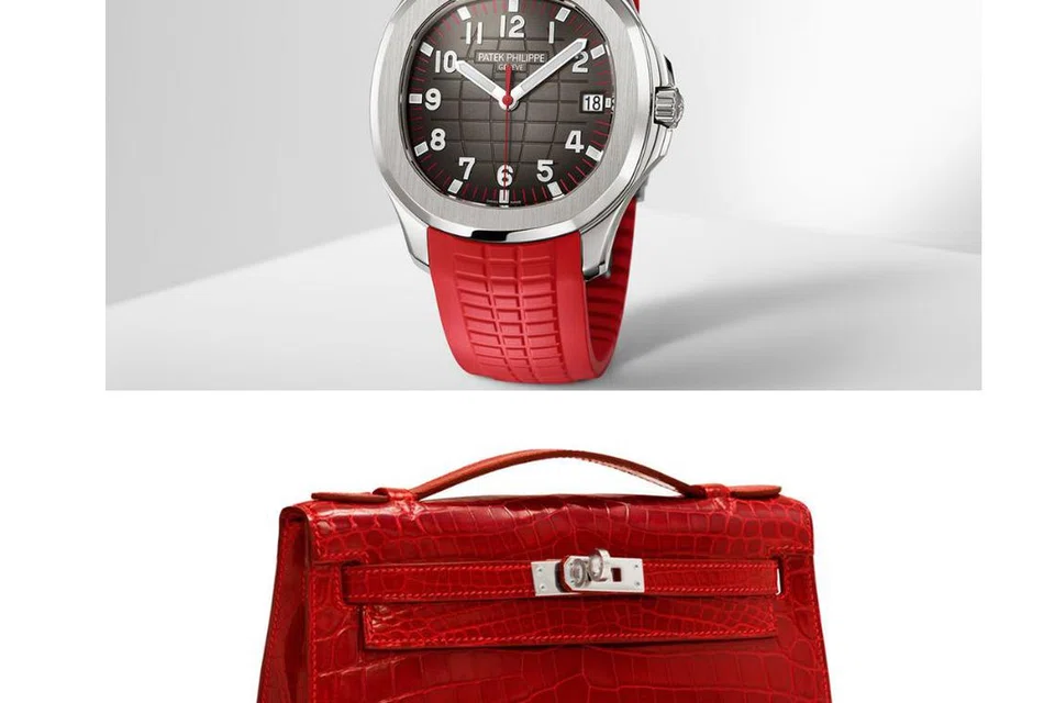 Jam tangan Patek Philippe ‘Ref. 5167 Aquanaut’ Edisi Khas Singapura 2019 (atas) bernilai lebih $100,000, manakala beg tangan kulit eksotik, ‘Kelly Pochette’, daripada Hermes (bawah), bernilai hingga $60,000.