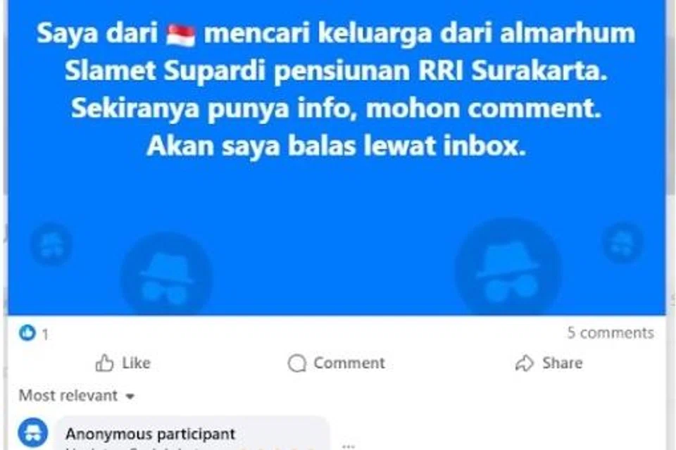 Cik Shahida memuat naik hantaran di kumpulan Facebook khas untuk pesara RRI Surakarta bagi mencari kenalan arwah pak ciknya.