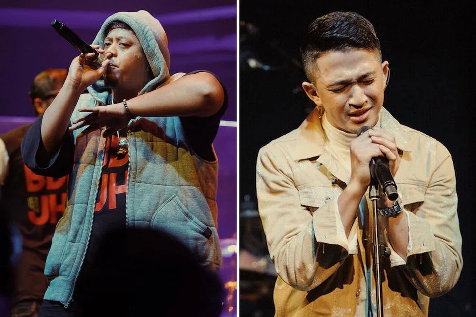 BANGKITKAN SEMANGAT POSITIF: Akeem Jahat (kiri) dan Syarif membuka selingkar kisah perjalanan hidup mereka yang ada pasang surutnya dalam lagu-lagu yang disajikan buat peminat yang tidak lelah memberi mereka sokongan. - Foto-foto ESPLANADE THEATRES ON THE BAY
