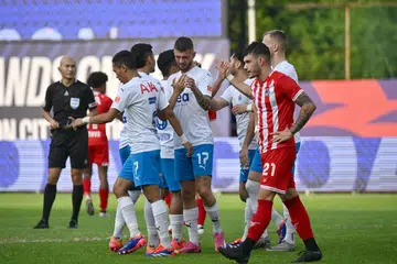 Pemain Lion City Sailors, Maxime Lestienne’s (nombor 17), meraikan gol pertama pasukannya pada minit kedua semasa menentang Tanjong Pagar United pada 7 Julai. 