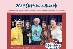 Cik Namira Mohamad Marsudi (kiri) perintis pertubuhan, E for Endometriosis dan penerima Anugerah Heroin SG 24  di Festival Wanita SG, bersama-sama pemenang yang masing-masing berjuang demi kesihatan, iaitu (dari kiri) Cik Jasmine Tay, Cik Anchali Yeo, Cik Tracy Magesh dan Cik Dominique Low.