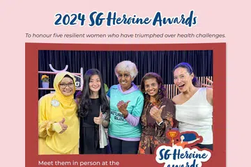 Cik Namira Mohamad Marsudi (kiri) perintis pertubuhan, E for Endometriosis dan penerima Anugerah Heroin SG 24  di Festival Wanita SG, bersama-sama pemenang yang masing-masing berjuang demi kesihatan, iaitu (dari kiri) Cik Jasmine Tay, Cik Anchali Yeo, Cik Tracy Magesh dan Cik Dominique Low.