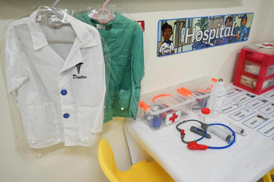 Jika cuaca tidak mengizinkan untuk bermain di luar, kanak-kanak boleh memainkan peranan sesuai pekerjaan tertentu dan mempelajari perkataan yang berkaitan.