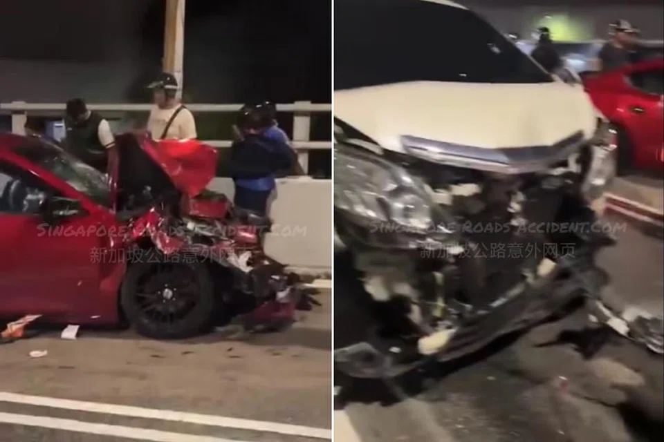 Video selepas insiden menunjukkan sebuah kereta merah dan dua MPV putih di jalan dua lorong, tidak bergerak dengan serpihan bertaburan di sekelilingnya