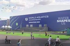 Lakaran artis bagi tempat sementara untuk Kejohanan Akuatik Dunia 2025 di Singapura.