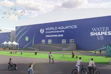 Lakaran artis bagi tempat sementara untuk Kejohanan Akuatik Dunia 2025 di Singapura.