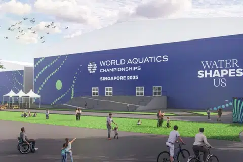 Lakaran artis bagi tempat sementara untuk Kejohanan Akuatik Dunia 2025 di Singapura.
