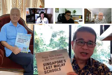 PELANCARAN BUKU: Antara Jawatankuasa Penerbitan buku 'Sang Nila Utama & Tun Seri Lanang - Singapore Last Malay Schools' terdiri (dari kiri) Encik Wan Hussin Zoohri, Penulis Cik Hidayah Amin, Encik Shadon Suid dan tetamu, mantan pengetua SNU, Encik Muhammad Jaafar, hadir bersama Encik Edwin Tong (gambar bawah) sewaktu pelancaran buku tersebut menerusi acara dalam talian yang ditayangkan di Facebook Helang Books semalam. - Foto HELANG BOOKS LIVE FACEBOOK/HELANG BOOKS
