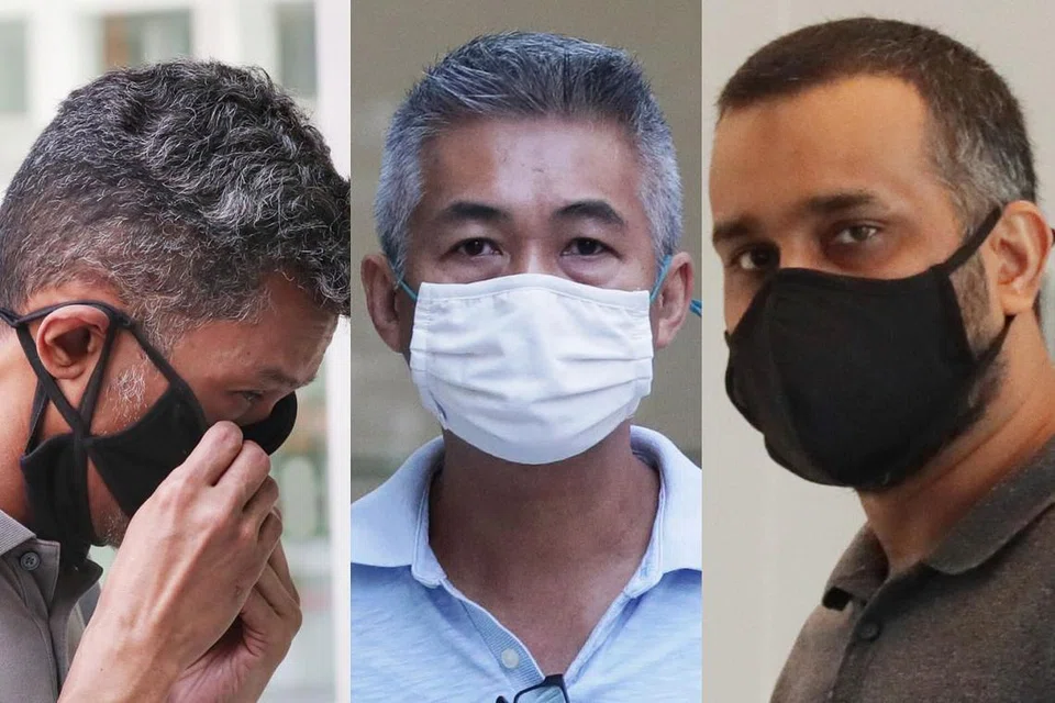 HADAPI TUDUHAN RASUAH: (Dari kiri) Juandi Pungot, Richard Goh Chee Keong, dan Muzaffar Ali Khan Muhamad Akram dituduh menyogok pekerja syarikat pemeriksa yang memeriksa kapal yang menerima bekalan minyak daripada Shell. - Foto-foto BH oleh KELVIN CHNG