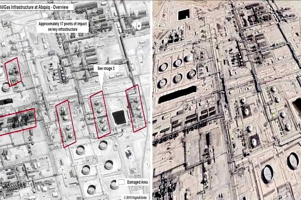 LOJI MINYAK ARAMCO: Gambar atas adalah gambar satelit yang diambil mendedahkan kerosakan pada kilang pemprosesan minyak Saudi Aramco. - Foto Reuters