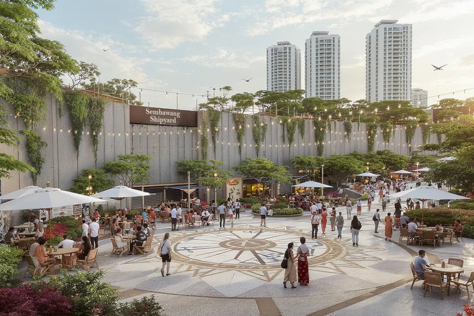 Gambaran artis yang menunjukkan kawasan dok kering Sembawang diubah menjadi plaza masyarakat bagi keluarga berkumpul dan meluangkan masa bersama. 