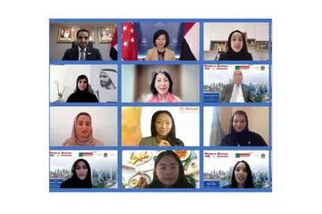 PERANAN WANITA: Beberapa bidang kerjasama antara wanita dari UAE dan Singapura dibincangkan oleh panel dan peserta webinar semalam. Turut hadir ialah (paling atas, dari kanan) - Cik Shamma Suhail Faris Al Mazrui, Menteri Ehwal Belia UAE; Cik Sim Ann dan Encik Jamal Abdulla Al Suwaidi, Duta UAE ke Singapura serta penaung Majlis Perniagaan UAE Singapura. - Foto UAE SINGAPORE BUSINESS COUNCIL