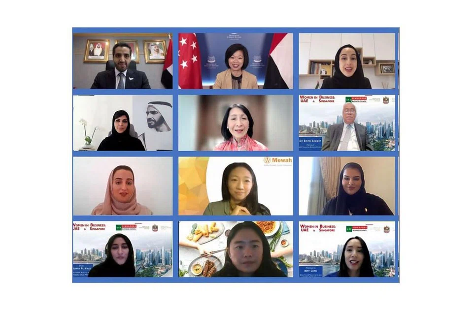 PERANAN WANITA: Beberapa bidang kerjasama antara wanita dari UAE dan Singapura dibincangkan oleh panel dan peserta webinar semalam. Turut hadir ialah (paling atas, dari kanan) - Cik Shamma Suhail Faris Al Mazrui, Menteri Ehwal Belia UAE; Cik Sim Ann dan Encik Jamal Abdulla Al Suwaidi, Duta UAE ke Singapura serta penaung Majlis Perniagaan UAE Singapura. - Foto UAE SINGAPORE BUSINESS COUNCIL