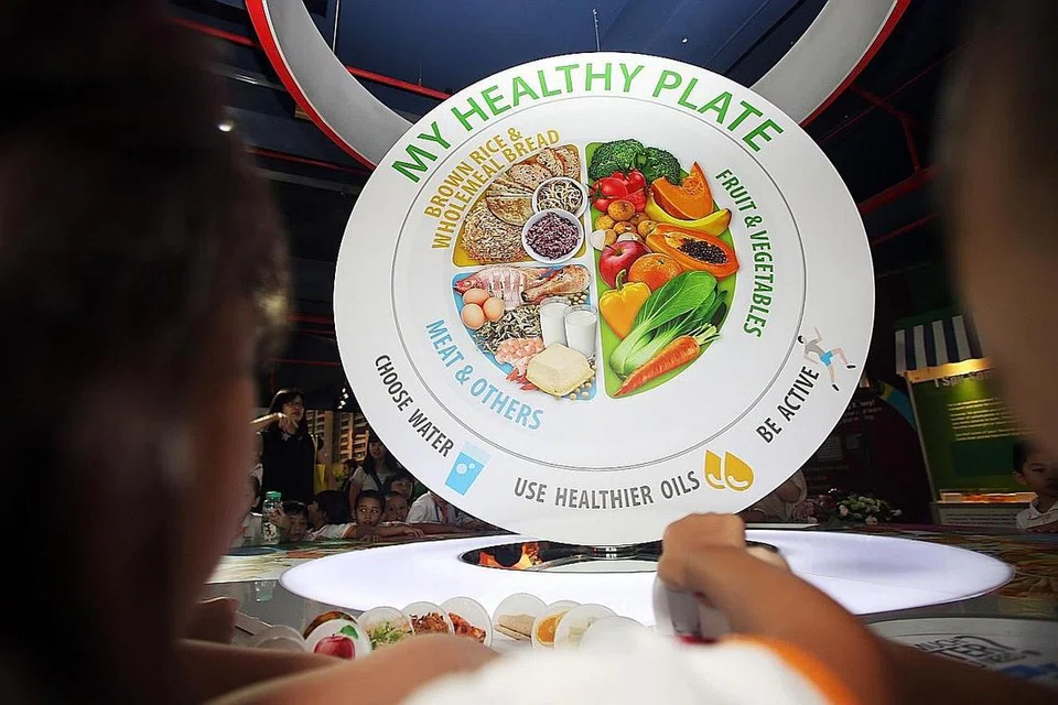 PANDUAN MAKAN SECARA SIHAT: Rajah 'My Healthy Plate (Pinggan Sihat Saya)' memberi panduan berapa banyak buah dan sayur, makanan ruji dan daging yang perlu dimakan dengan membahagikan pinggan kepada tiga bahagian besar. Ia menggalakkan orang ramai agar mengekalkan pemakanan seimbang. - Foto fail ZAOBAO