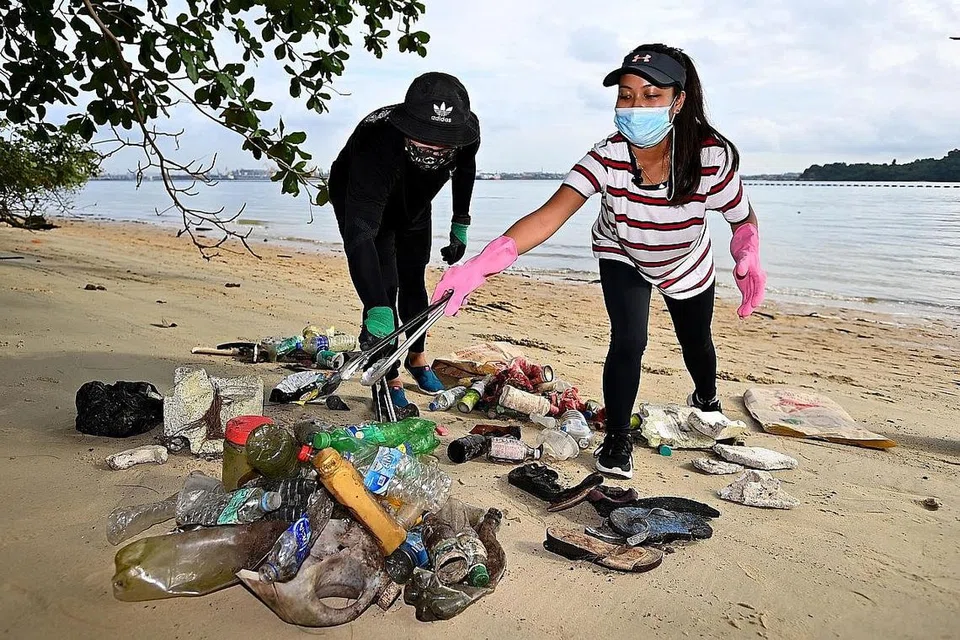MAINKAN PERANAN: Wartawan Nur Syuhrah Hassan (gambar atas, kanan) bersama relawan SG Beach Warriors Encik Irsyad Feerqan Anuar bersihkan pantai Pulau Coney. - Foto fail