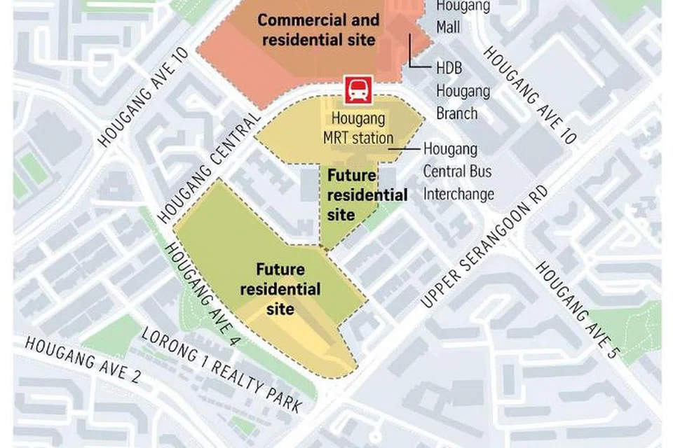 Peta menunjukkan tapak pembangunan di Hougang.