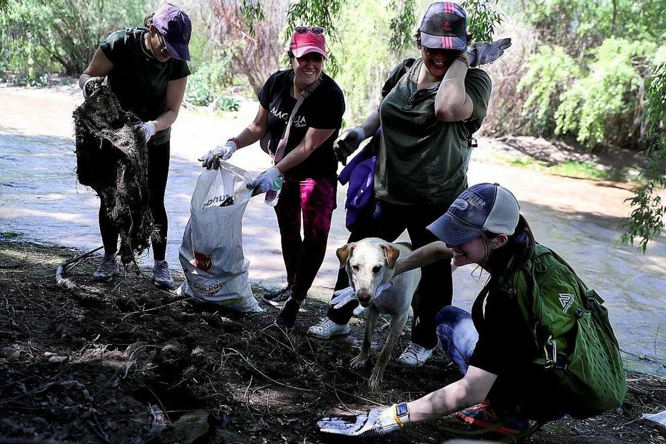 PEMULIHARAAN ALAM: Sekumpulan sukarelawan dilihat membersihkan sampah sarap di tebing Sungai Mapocho, di Santiago, Chile, awal bulan ini. - Foto REUTERS